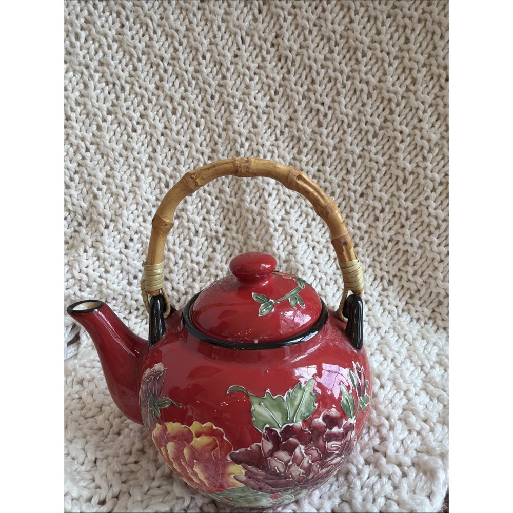 Pier One Red Peony Teapot with Bamboo Handle Handpainted Stoneware